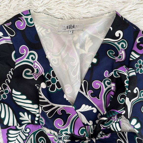 EUC Tibi Silk Paisley Navy & Purple Tie Front Tunic Top 3/4 Sleeve Sz Small - Picture 7 of 13